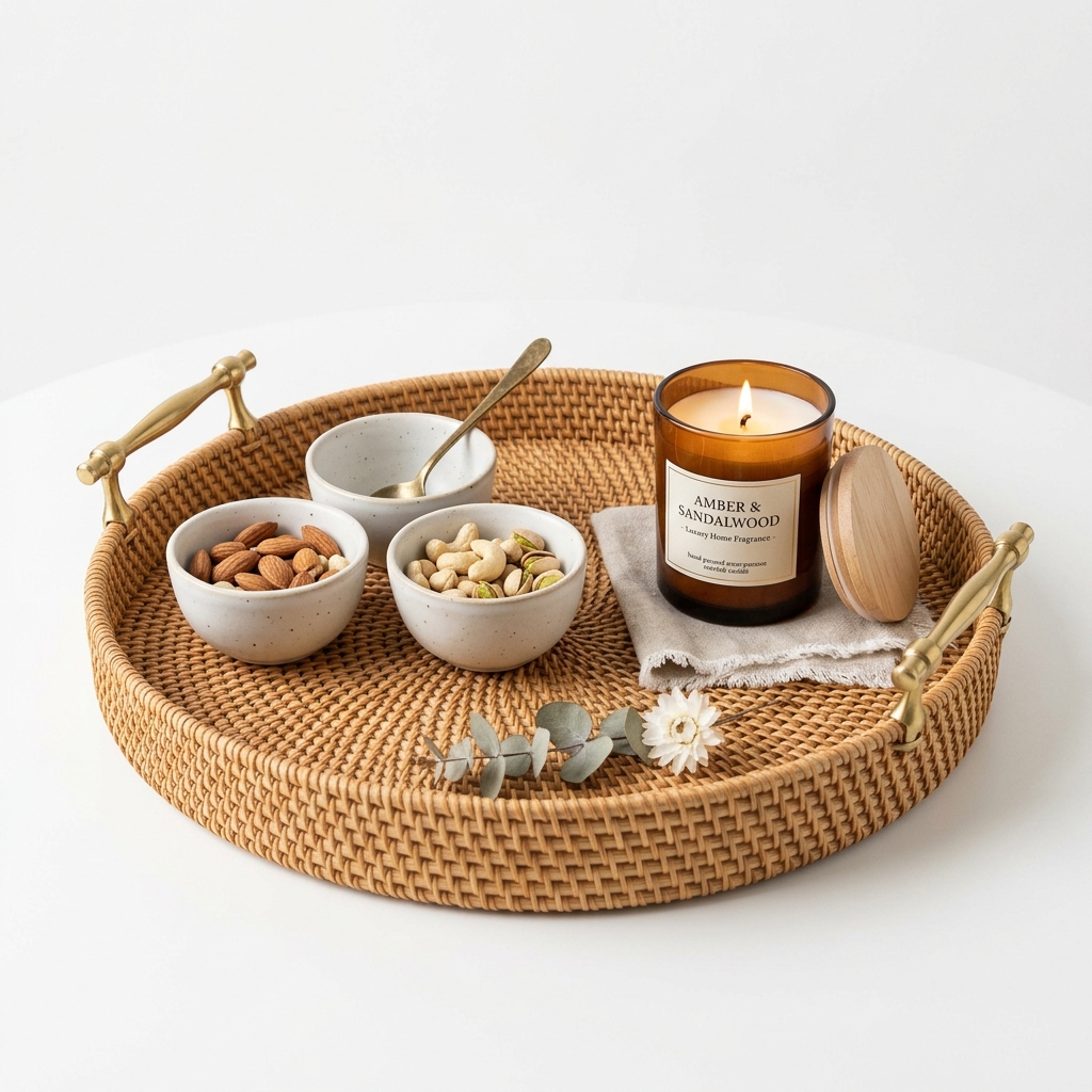 Round Rattan Tray with Brass Handles